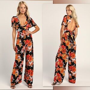 🐦‍⬛Lulus Getaway Vibes Black Floral Print Short Sleeve Wide-Leg Jumpsuit